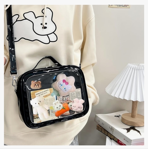 Black Transparent Crossbody Bag with Pin Display. Added Free Pins With Purchase. - Picture 7 of 15